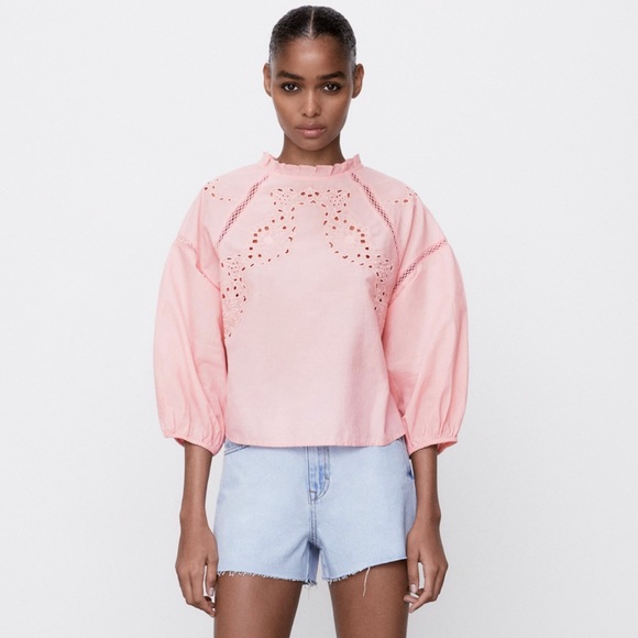 Zara Tops Zara Embroidered Eyelet Blouse In Chalk Pink Poshmark
